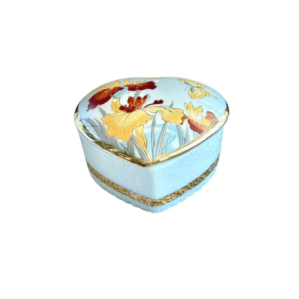 Vintage Heart Shaped Trinket Box Art of Chokin Lid Made In Japan